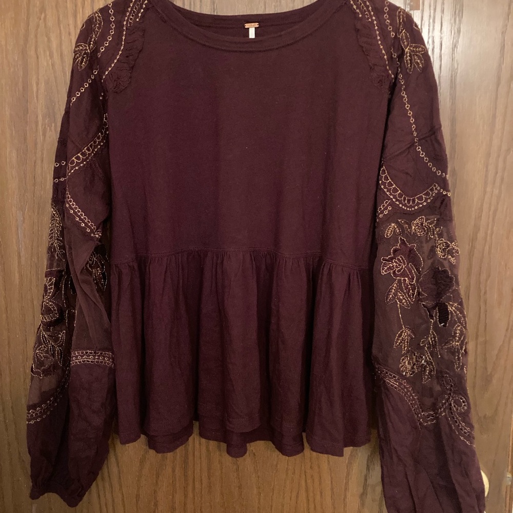 Free People Embroidered Peplum Long Sleeve Top - Deep Plum